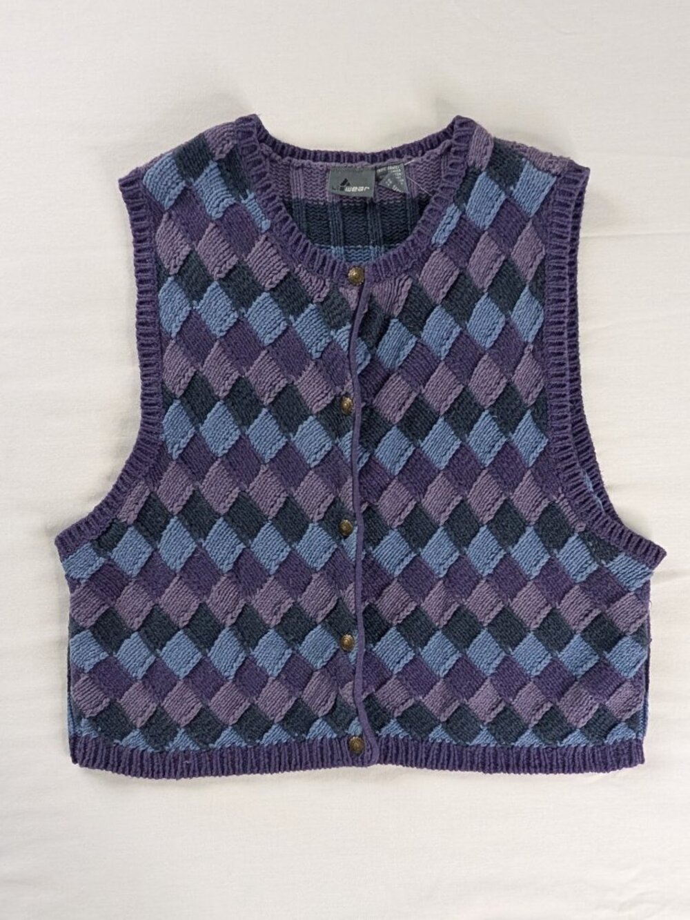 VTG Purple Blue Chunky Knit Argyle Diamond Check Metal Button Up Sweater Vest